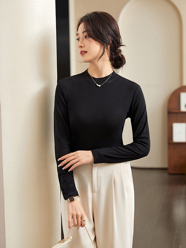 インナー 長袖 ネック レディース トップス カットソー シンプル ベーシック シルキータッチ 