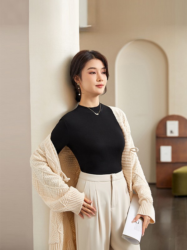 インナー 長袖 ネック レディース トップス カットソー シンプル ベーシック シルキータッチ 