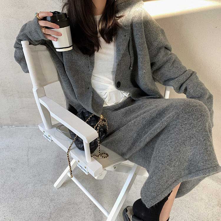 セットアップ レディース 韓国 ニット ニットアップ スカート フーディー 冬 長袖 秋 ミモレ丈 ニットスカート カーディガン コーディネイト 