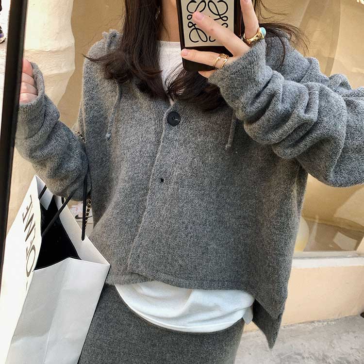 セットアップ レディース 韓国 ニット ニットアップ スカート フーディー 冬 長袖 秋 ミモレ丈 ニットスカート カーディガン コーディネイト 