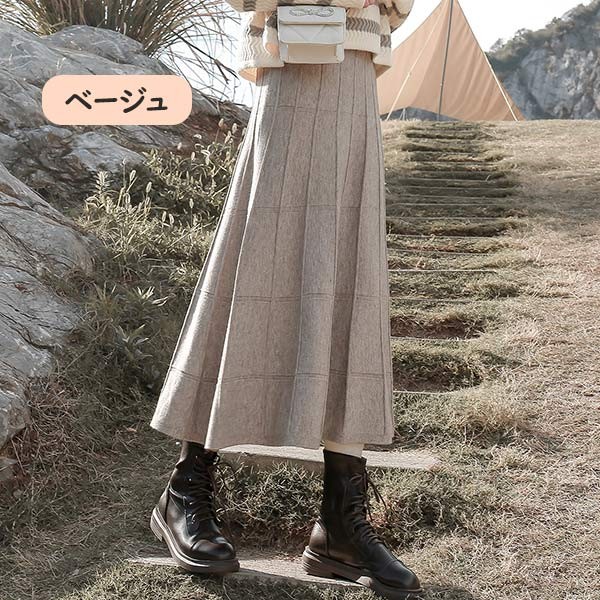 ニットスカート 秋冬 大人女子 レディース あったか ひざ下丈スカート スウェートチェック柄 ミモレ丈 プリーツ 