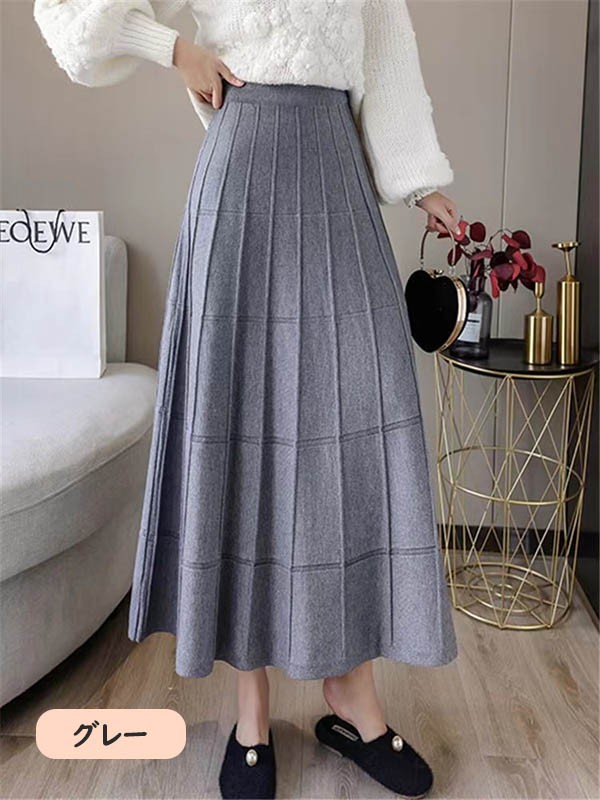 ニットスカート 秋冬 大人女子 レディース あったか ひざ下丈スカート スウェートチェック柄 ミモレ丈 プリーツ 