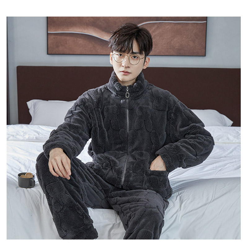 パジャマ メンズ 裏起毛 ルームシェア 冬用 長袖 柔らかい 秋冬 厚手 ナイトガウン 暖かい 部屋着 もこもこ 前開き 寝間着セットアップ 上下セット ふわふわ 