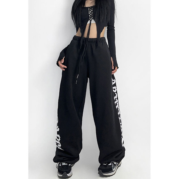 ワイドパンツ ジャージパンツ ロゴプリント サイドプリント ビッグロゴ 黒 ストレッチ ダンス 大きいサイズ 韓国 ヒップホップ パンツ コスチューム 衣装 