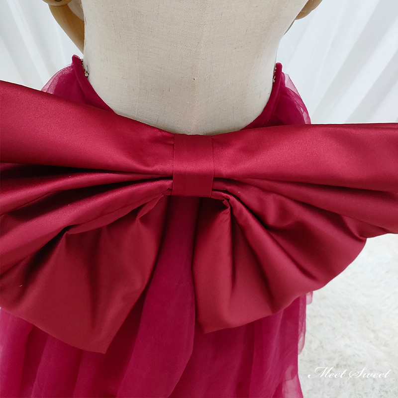 セミオーダー可能 取り外しトレーン 付けトレーン ワインレッド リボン 蝶結び 花嫁 結婚式 二次会 披露宴 カラードレスアレンジ チュール ブライダル 