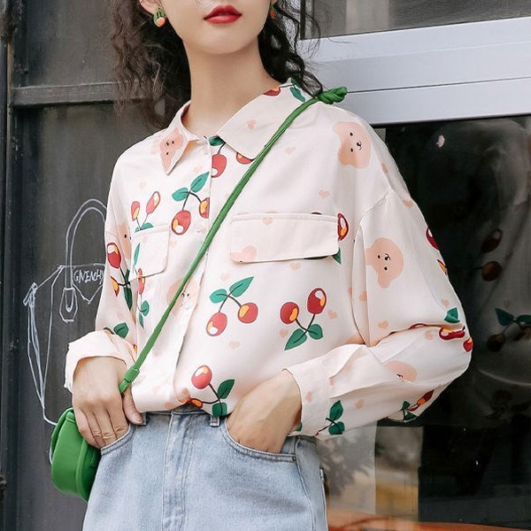 柄シャツ くま柄 チェリー柄 長袖 シャツ かわいい 春服 トップス ピンク コスチューム 韓国 キッズ風 サクランボ柄 大きいサイズ個性的 ダンス 衣装 