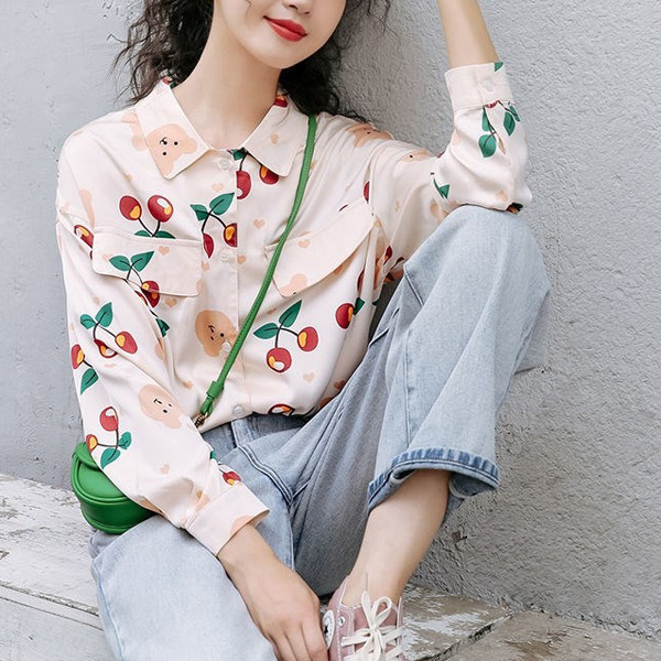 柄シャツ くま柄 チェリー柄 長袖 シャツ かわいい 春服 トップス ピンク コスチューム 韓国 キッズ風 サクランボ柄 大きいサイズ個性的 ダンス 衣装 