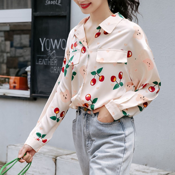 柄シャツ くま柄 チェリー柄 長袖 シャツ かわいい 春服 トップス ピンク コスチューム 韓国 キッズ風 サクランボ柄 大きいサイズ個性的 ダンス 衣装 