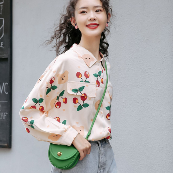 柄シャツ くま柄 チェリー柄 長袖 シャツ かわいい 春服 トップス ピンク コスチューム 韓国 キッズ風 サクランボ柄 大きいサイズ個性的 ダンス 衣装 