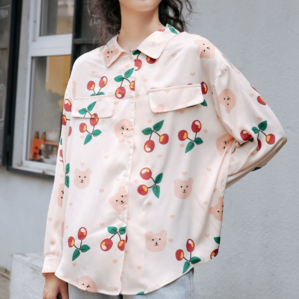 柄シャツ くま柄 チェリー柄 長袖 シャツ かわいい 春服 トップス ピンク コスチューム 韓国 キッズ風 サクランボ柄 大きいサイズ個性的 ダンス 衣装 