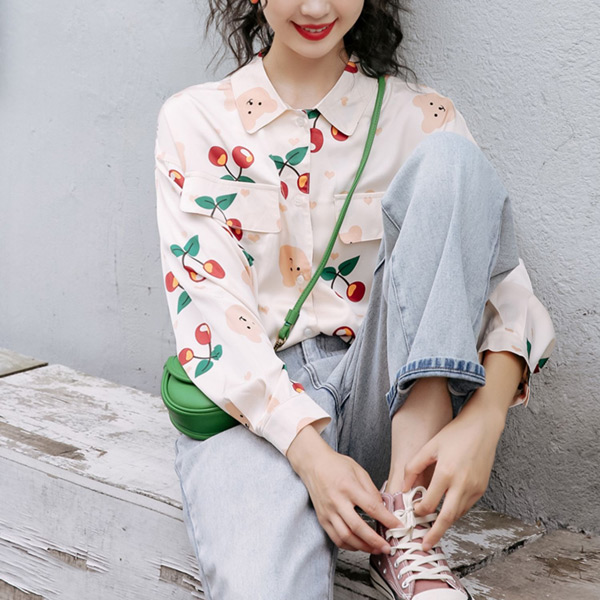 柄シャツ くま柄 チェリー柄 長袖 シャツ かわいい 春服 トップス ピンク コスチューム 韓国 キッズ風 サクランボ柄 大きいサイズ個性的 ダンス 衣装 