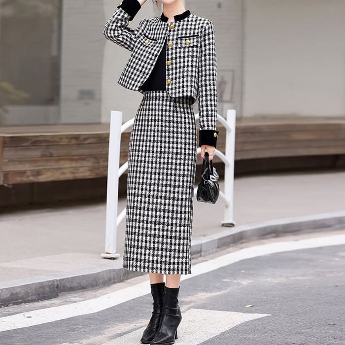 ツイード スーツ レディース チェック柄 ジャケット ロング タイト 女子会 スカート 春秋冬 50代 きれいめ セレモニー 40代 30代 60代 お呼ばれ 