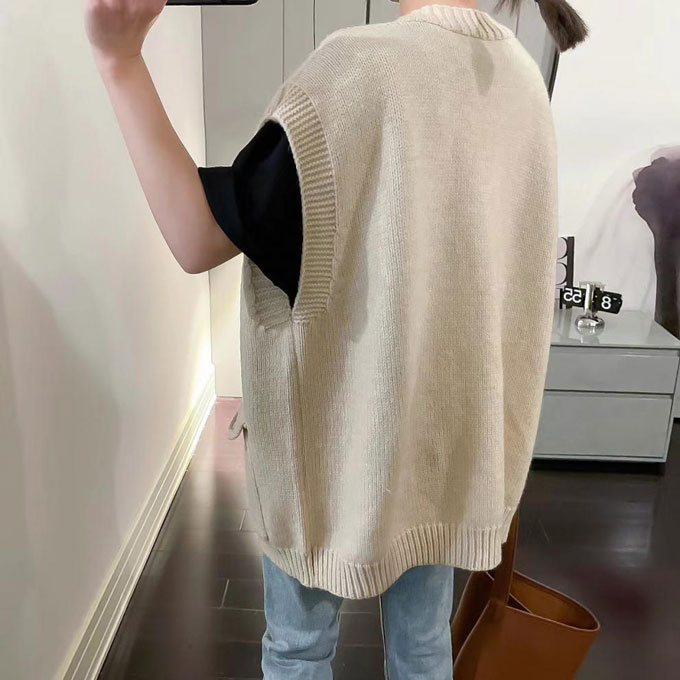 ニットベスト レディース Vネック 前開き セーター トップス お尻が隠れる 送料無料 アウター カーディガン ノースリーブ ゆったり レイヤード 重ね着 