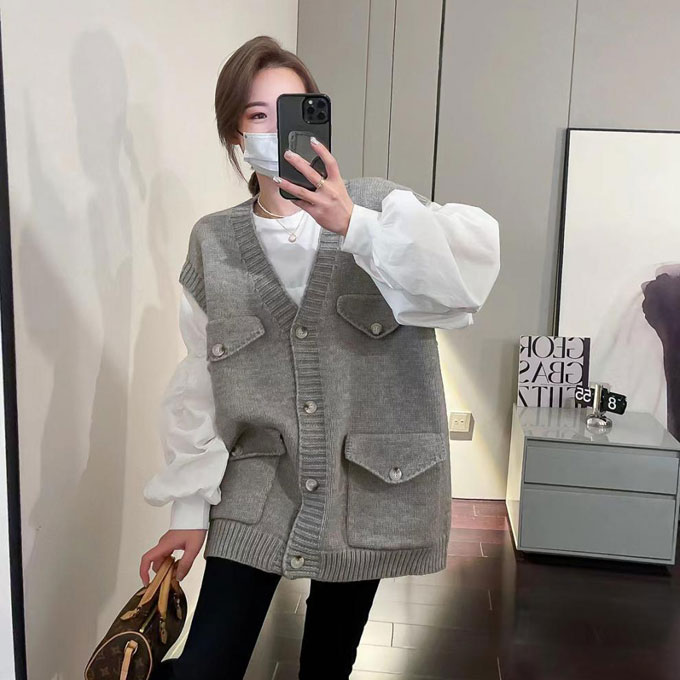 ニットベスト レディース Vネック 前開き セーター トップス お尻が隠れる 送料無料 アウター カーディガン ノースリーブ ゆったり レイヤード 重ね着 