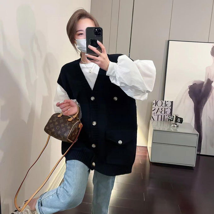 ニットベスト レディース Vネック 前開き セーター トップス お尻が隠れる 送料無料 アウター カーディガン ノースリーブ ゆったり レイヤード 重ね着 