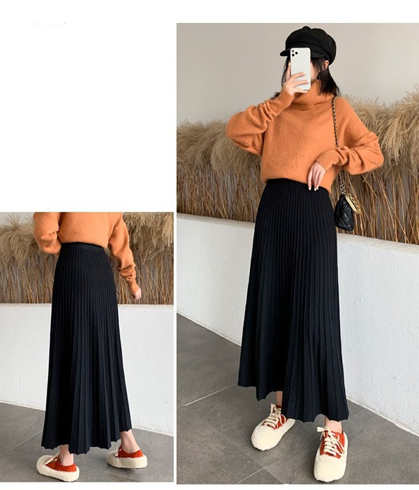 ニットスカート 秋冬 大人女子 レディース あったか マキシワンピース ひざ下丈スカート ミモレ丈 ロング スカート プリーツ 