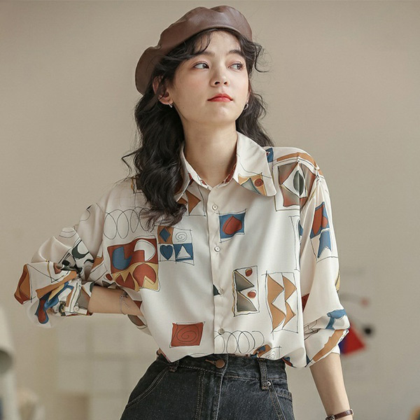 柄シャツ 幾何柄 アート 長袖シャツ レトロ記号柄 幾何学模様 コスチューム 個性的 トップス ダンス 衣装 オーバーサイズ 韓国 大きいサイズ シャツ 