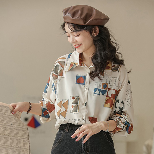 柄シャツ 幾何柄 アート 長袖シャツ レトロ記号柄 幾何学模様 コスチューム 個性的 トップス ダンス 衣装 オーバーサイズ 韓国 大きいサイズ シャツ 