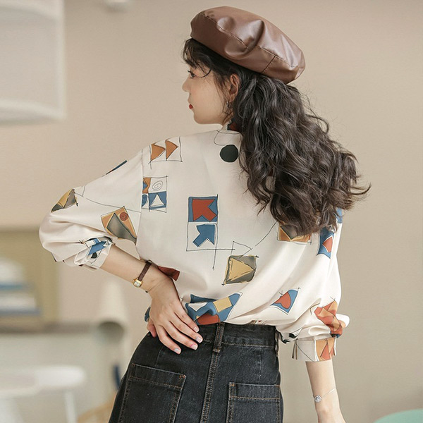 柄シャツ 幾何柄 アート 長袖シャツ レトロ記号柄 幾何学模様 コスチューム 個性的 トップス ダンス 衣装 オーバーサイズ 韓国 大きいサイズ シャツ 