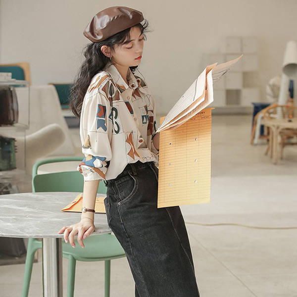 柄シャツ 幾何柄 アート 長袖シャツ レトロ記号柄 幾何学模様 コスチューム 個性的 トップス ダンス 衣装 オーバーサイズ 韓国 大きいサイズ シャツ 