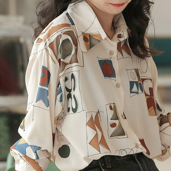 柄シャツ 幾何柄 アート 長袖シャツ レトロ記号柄 幾何学模様 コスチューム 個性的 トップス ダンス 衣装 オーバーサイズ 韓国 大きいサイズ シャツ 