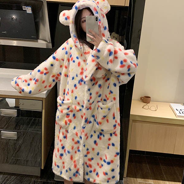 ルームウェア もこもこ パジャマ ヒョウ柄 冬 長袖 着る毛布 部屋着 前開き 暖かい レディース ナイトガウン 寝巻き 大人用 フード付き 女性用 。 ガウン 
