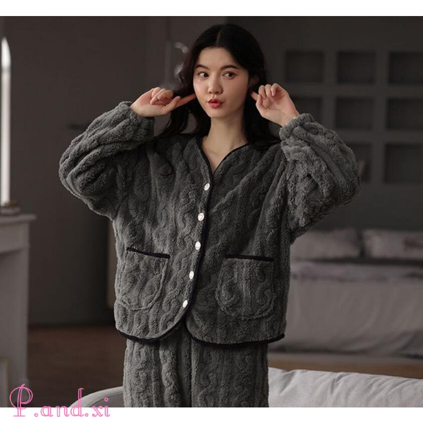 パジャマ レディース 冬 かわいい 長袖 ルームウェア もこもこ 裏起毛 ふわふわ 女性用 もこもこ 上下セット ナイト 前開き 寝巻き ふわふわ 