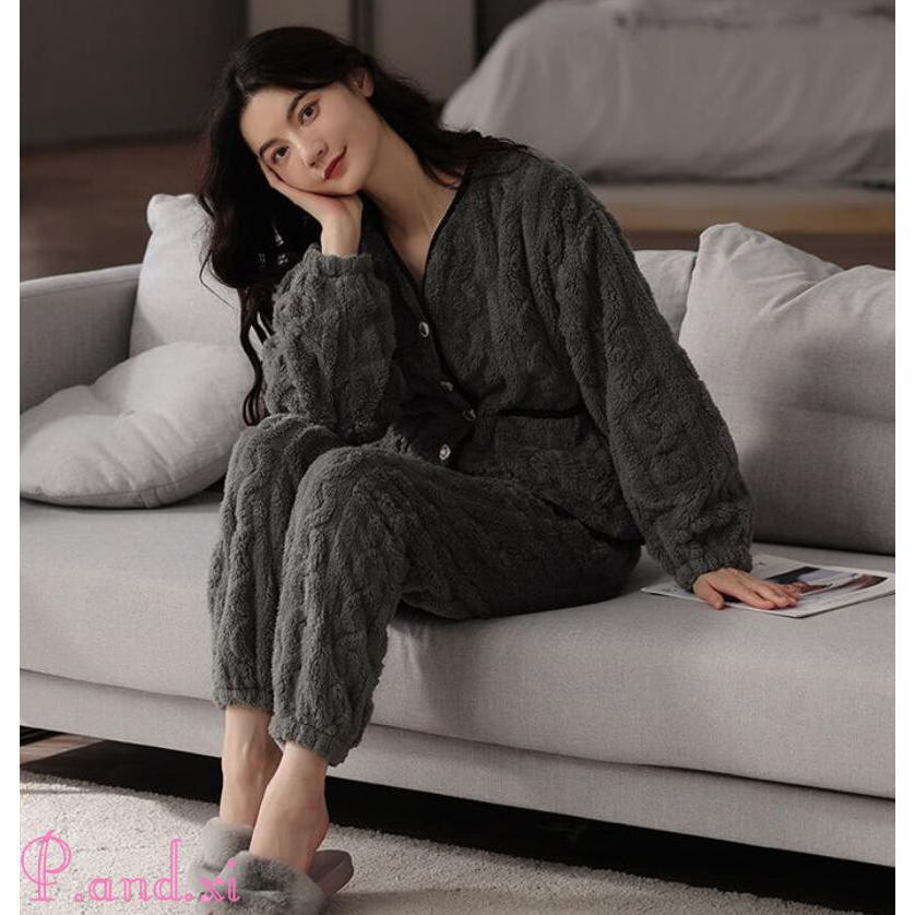 パジャマ レディース 冬 かわいい 長袖 ルームウェア もこもこ 裏起毛 ふわふわ 女性用 もこもこ 上下セット ナイト 前開き 寝巻き ふわふわ 