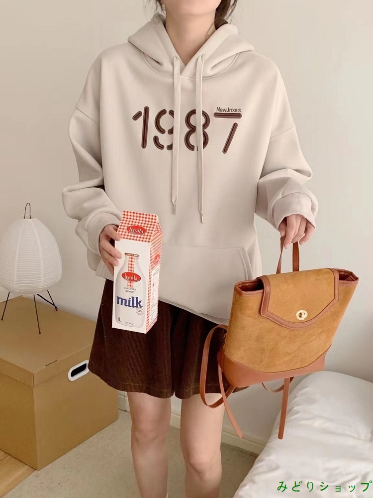 シンプル 英文字 ゆったり フード付き 裏起毛 裏ボア トレーナー 