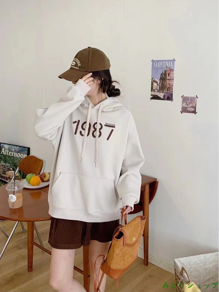 シンプル 英文字 ゆったり フード付き 裏起毛 裏ボア トレーナー 
