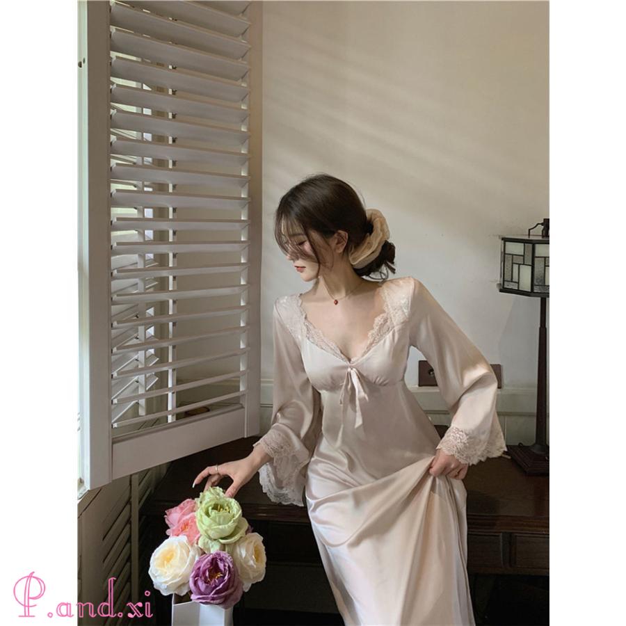 ネグリジェ 春夏秋 長袖ネグリジェ 姫風ワンピース レディース ロング丈 可愛い 部屋着 パジャマ Ｖネック ルームウェア 大人 レース ナイトロープ 