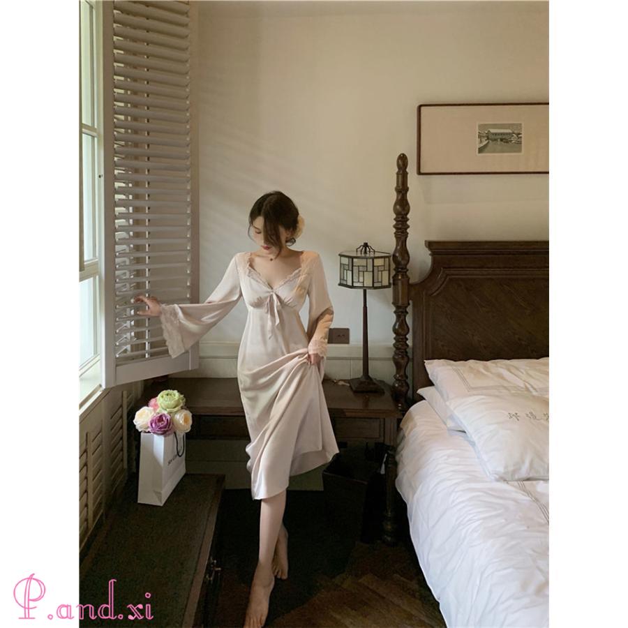 ネグリジェ 春夏秋 長袖ネグリジェ 姫風ワンピース レディース ロング丈 可愛い 部屋着 パジャマ Ｖネック ルームウェア 大人 レース ナイトロープ 