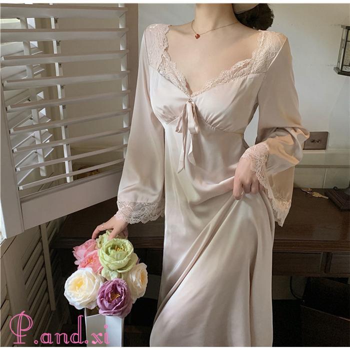 ネグリジェ 春夏秋 長袖ネグリジェ 姫風ワンピース レディース ロング丈 可愛い 部屋着 パジャマ Ｖネック ルームウェア 大人 レース ナイトロープ 