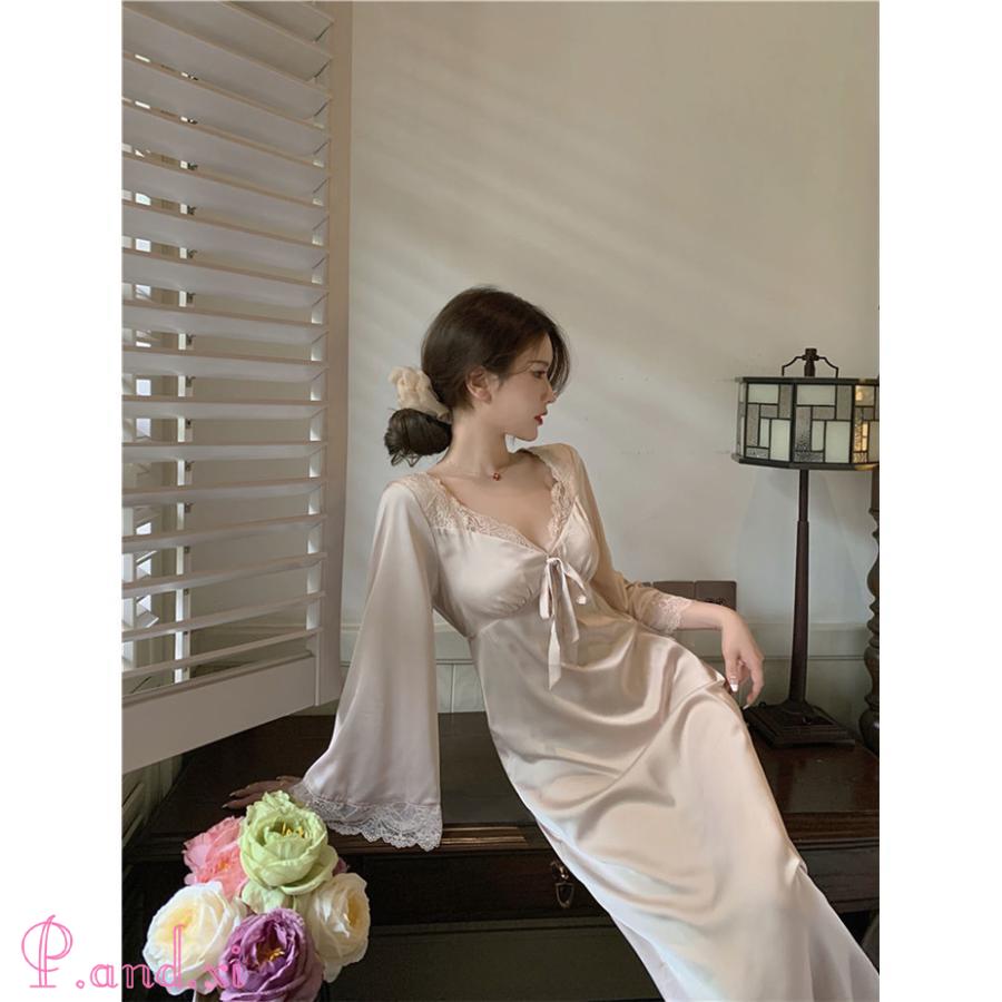 ネグリジェ 春夏秋 長袖ネグリジェ 姫風ワンピース レディース ロング丈 可愛い 部屋着 パジャマ Ｖネック ルームウェア 大人 レース ナイトロープ 