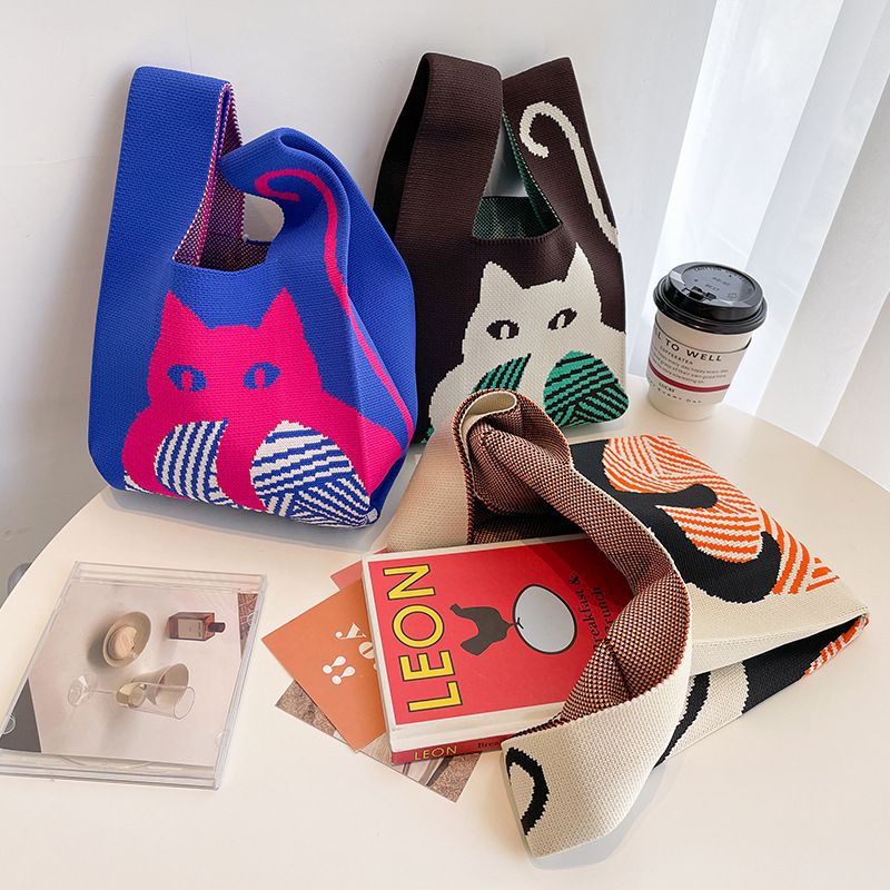 3色 ニットバッグ レディース マルシェバック ニット トートバッグ 縦型 サブバッグ 編み ネコ ミニバック ハンドバッグ バッグ かばん 可愛い 2023秋 