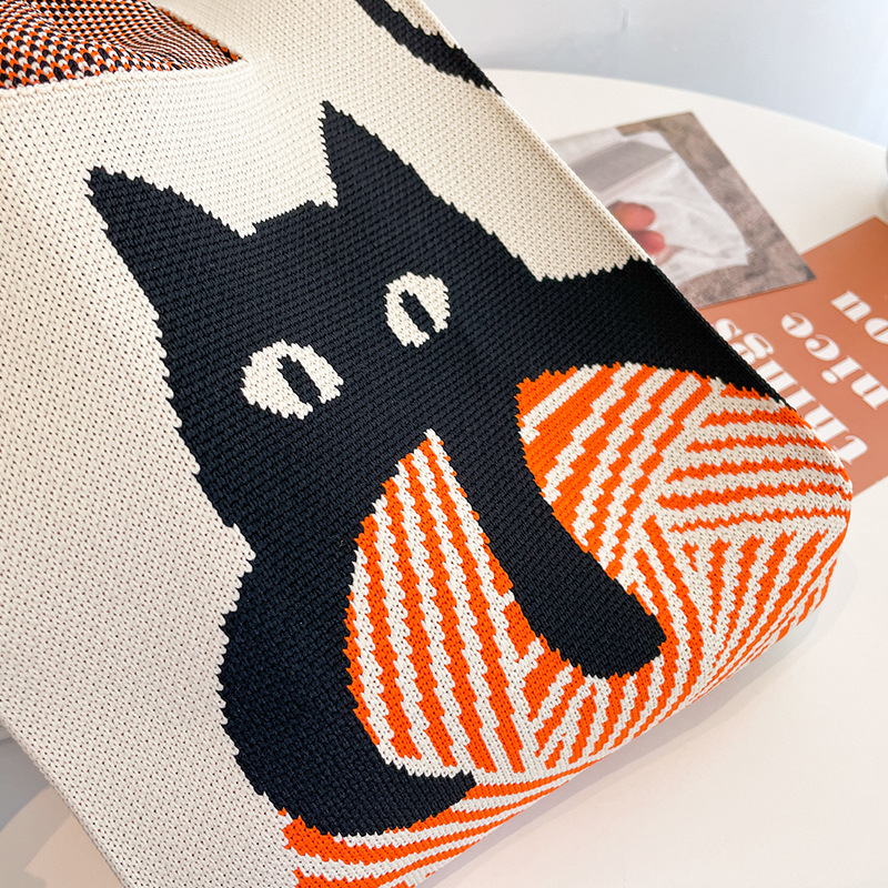 3色 ニットバッグ レディース マルシェバック ニット トートバッグ 縦型 サブバッグ 編み ネコ ミニバック ハンドバッグ バッグ かばん 可愛い 2023秋 