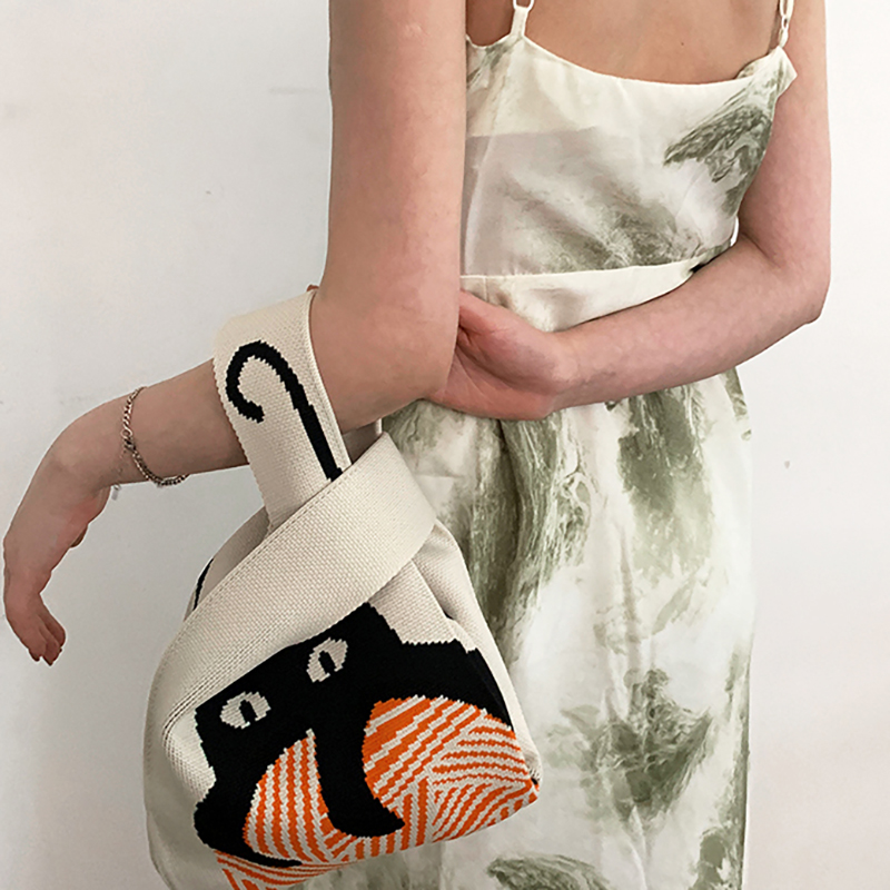 3色 ニットバッグ レディース マルシェバック ニット トートバッグ 縦型 サブバッグ 編み ネコ ミニバック ハンドバッグ バッグ かばん 可愛い 2023秋 