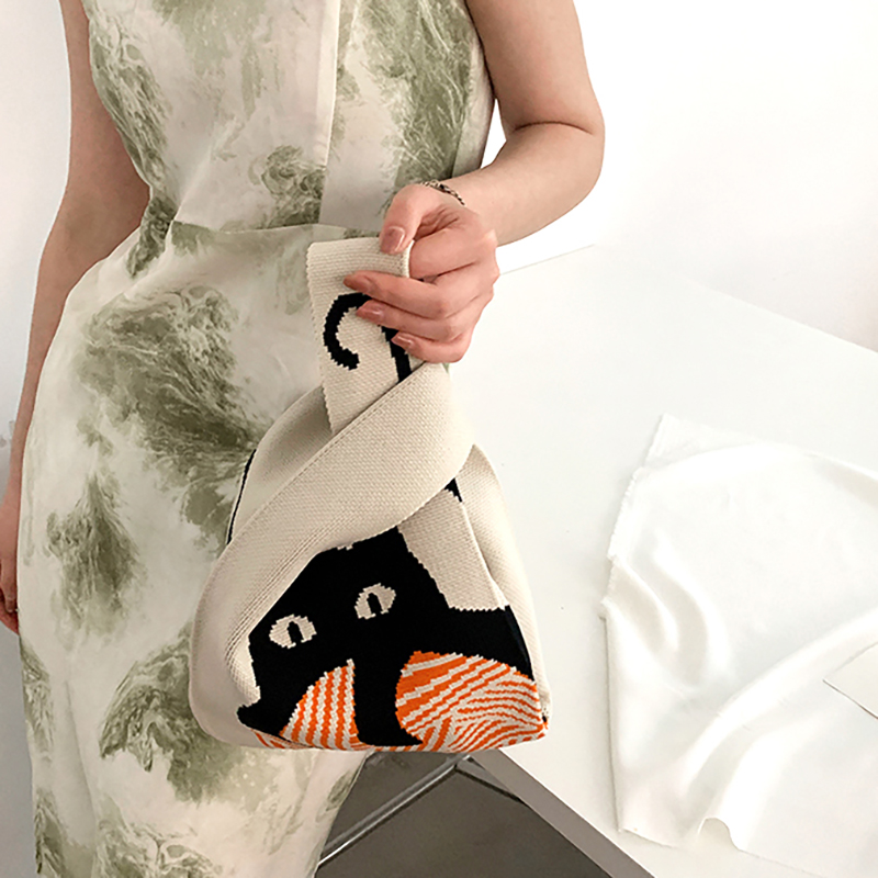 3色 ニットバッグ レディース マルシェバック ニット トートバッグ 縦型 サブバッグ 編み ネコ ミニバック ハンドバッグ バッグ かばん 可愛い 2023秋 