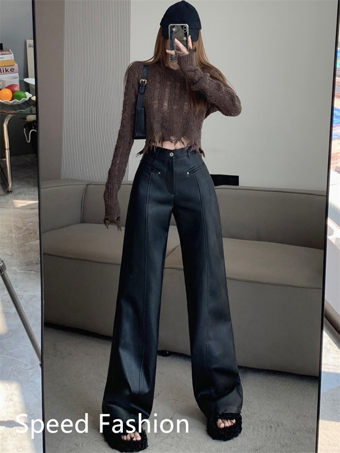 PU レザーワイドレッグパンツ レディース バギーパンツ ロング丈 ハイウエスト 大人 カジュアル ボ体型カバー ワイドレッグパンツ ズボン 