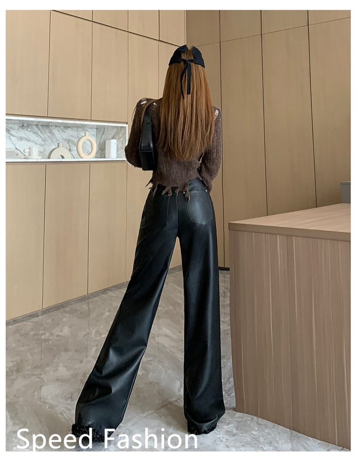 PU レザーワイドレッグパンツ レディース バギーパンツ ロング丈 ハイウエスト 大人 カジュアル ボ体型カバー ワイドレッグパンツ ズボン 