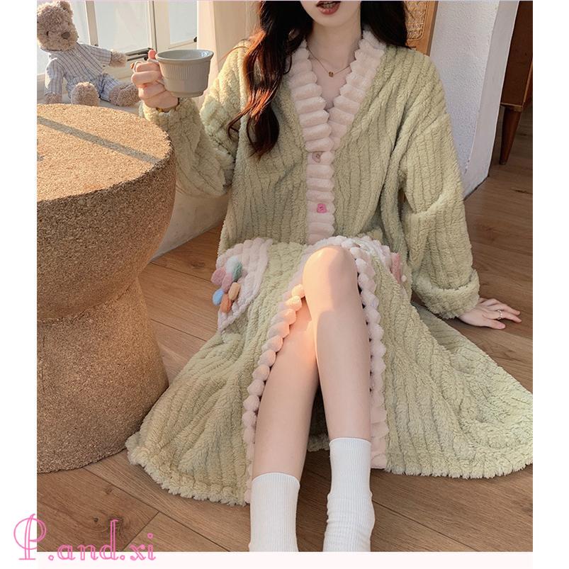 パジャマ ルームワンピース レディース ワンピース ミモレ丈 長袖 かわいい もこもこ 部屋着 前開き 秋冬 ふんわり ルームウェア パジャマ ロング丈 ゆったり 