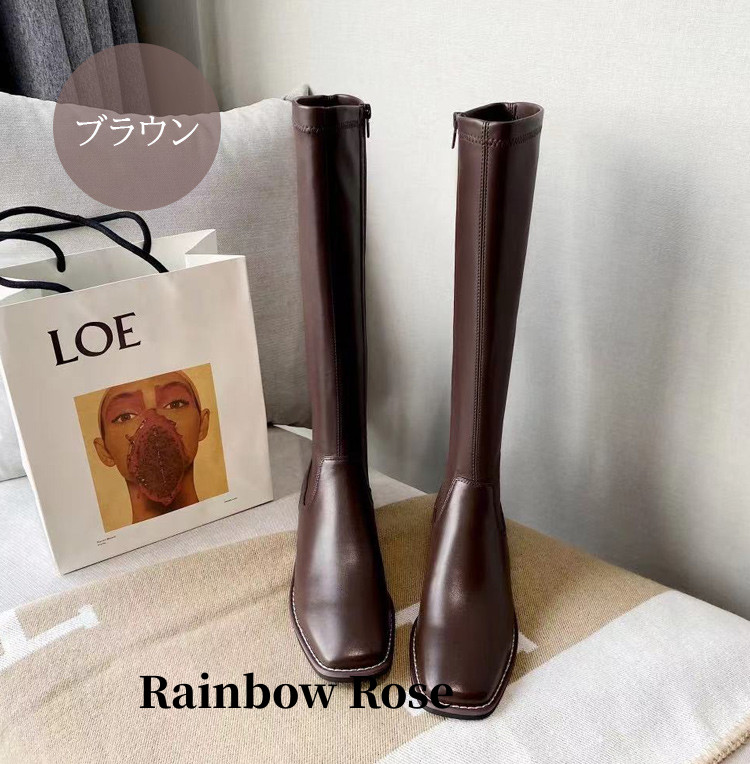 クーポンで6 880円！ ロングブーツジョッキーブーツ サマーブーツ スクエア靴 ロングブーツ サマーブーツ キレイめローヒール 上品 マーティン 大きいサイズ 
