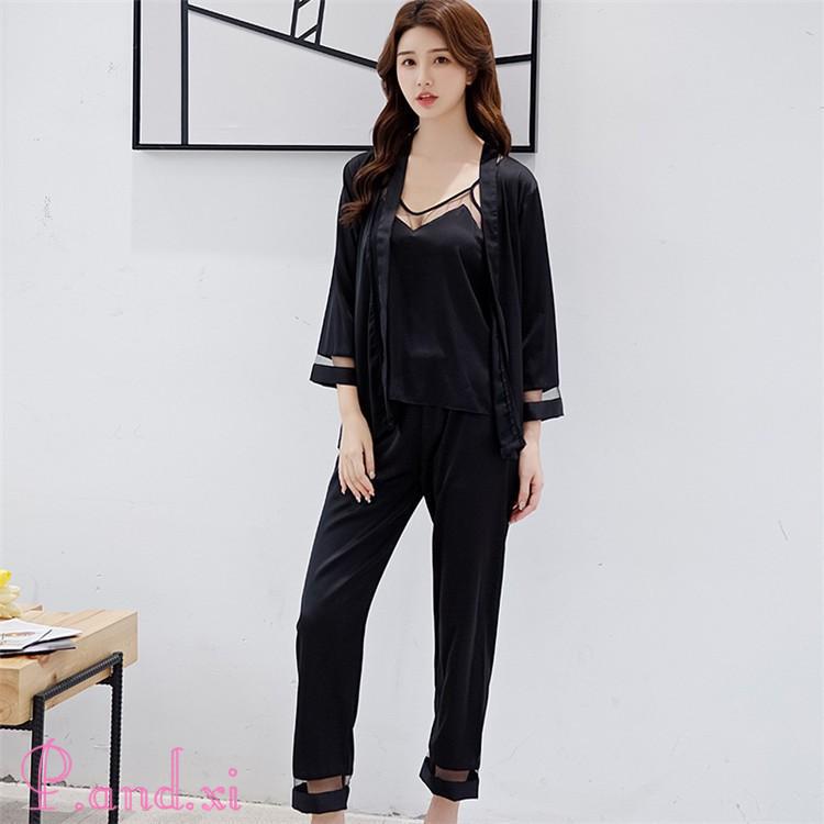 パジャマ レディース ルームウェア 3点セット 部屋着 夏 羽織 ロングパンツ ネグリジェ ナイトウェア キャミソール カーディガン サテン ロングパンツ 