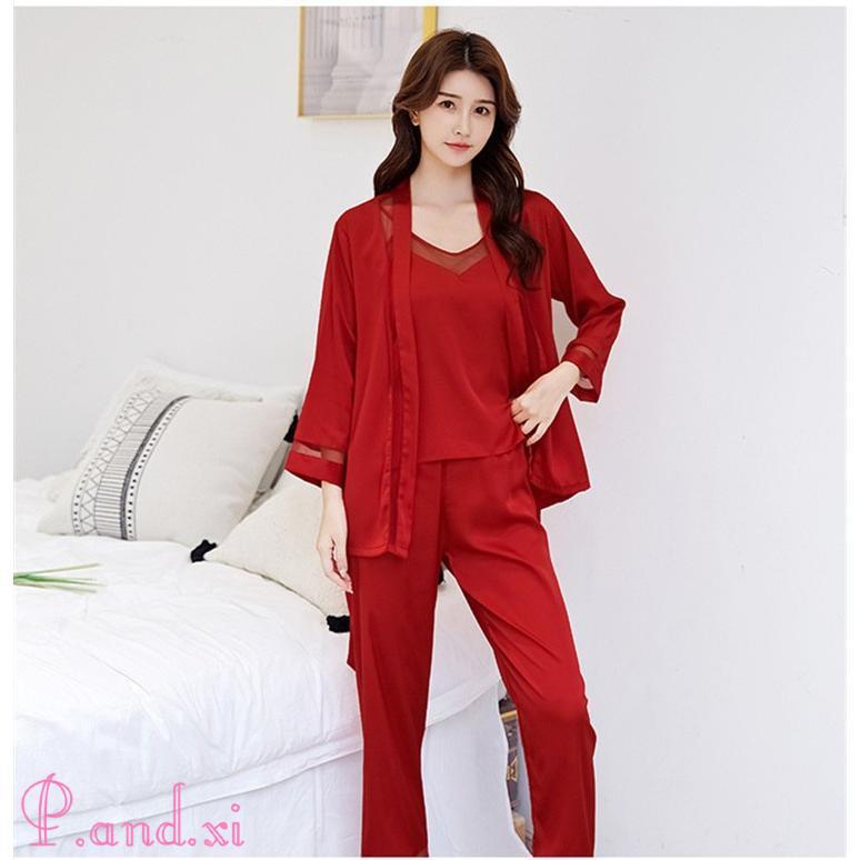 パジャマ レディース ルームウェア 3点セット 部屋着 夏 羽織 ロングパンツ ネグリジェ ナイトウェア キャミソール カーディガン サテン ロングパンツ 
