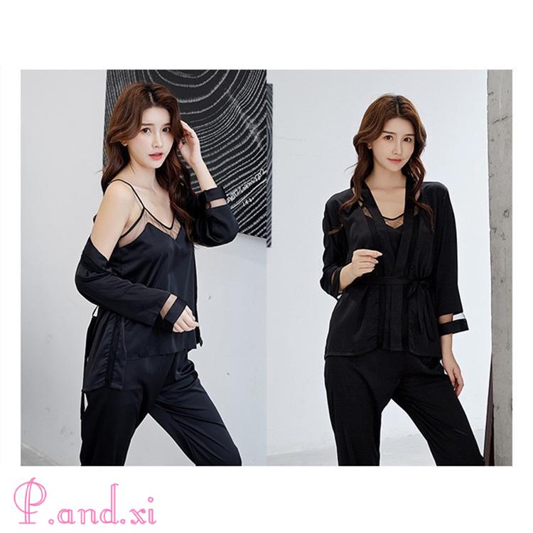 パジャマ レディース ルームウェア 3点セット 部屋着 夏 羽織 ロングパンツ ネグリジェ ナイトウェア キャミソール カーディガン サテン ロングパンツ 