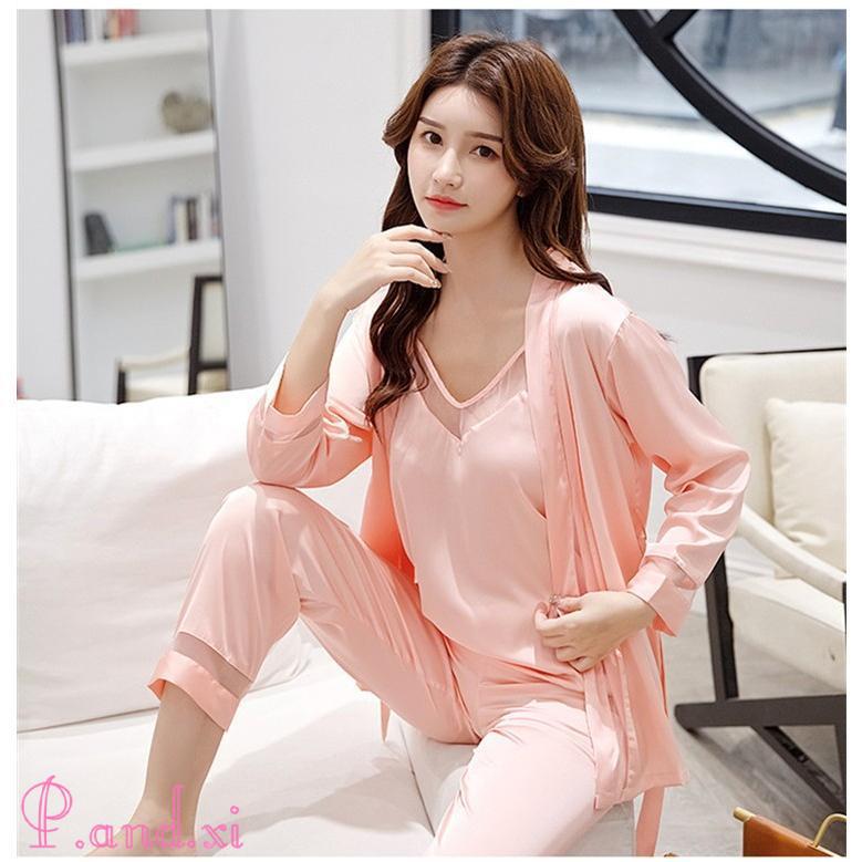 パジャマ レディース ルームウェア 3点セット 部屋着 夏 羽織 ロングパンツ ネグリジェ ナイトウェア キャミソール カーディガン サテン ロングパンツ 