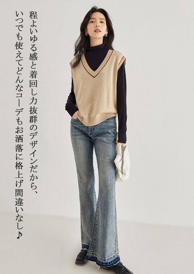 ニット ベスト レディース プルオーバー Vネック ベスト レイヤード 重ね着 冬 秋 無地 トップス 送料無料 体型カバー ショート丈 ノースリーブ ゆったり 