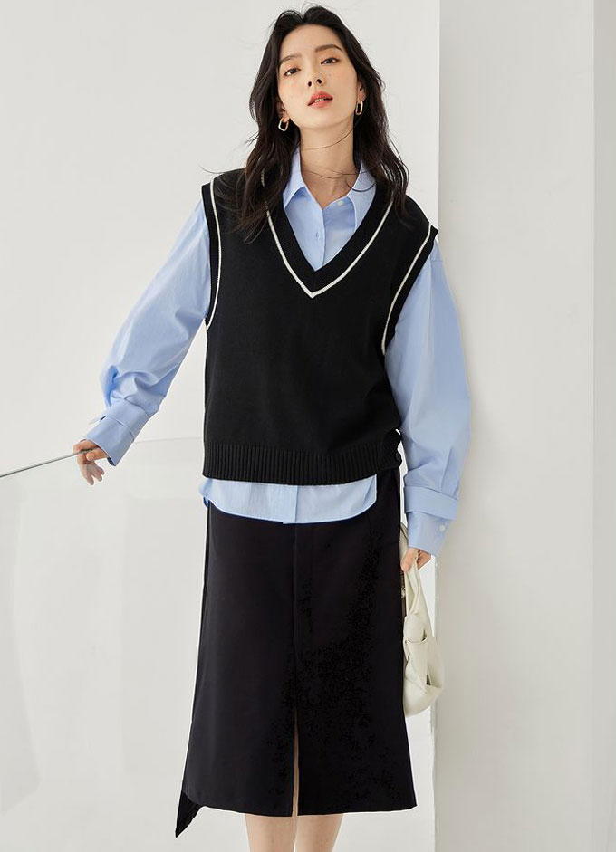 ニット ベスト レディース プルオーバー Vネック ベスト レイヤード 重ね着 冬 秋 無地 トップス 送料無料 体型カバー ショート丈 ノースリーブ ゆったり 