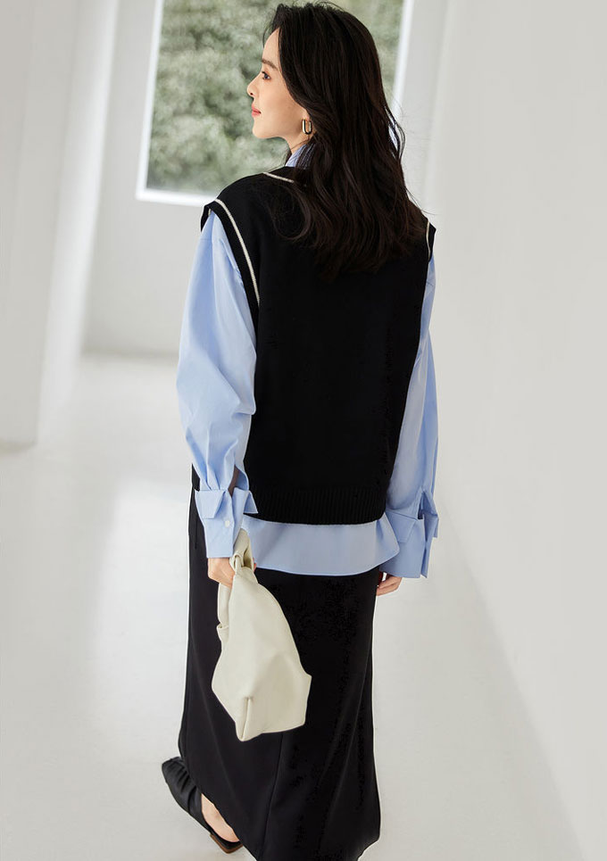 ニット ベスト レディース プルオーバー Vネック ベスト レイヤード 重ね着 冬 秋 無地 トップス 送料無料 体型カバー ショート丈 ノースリーブ ゆったり 