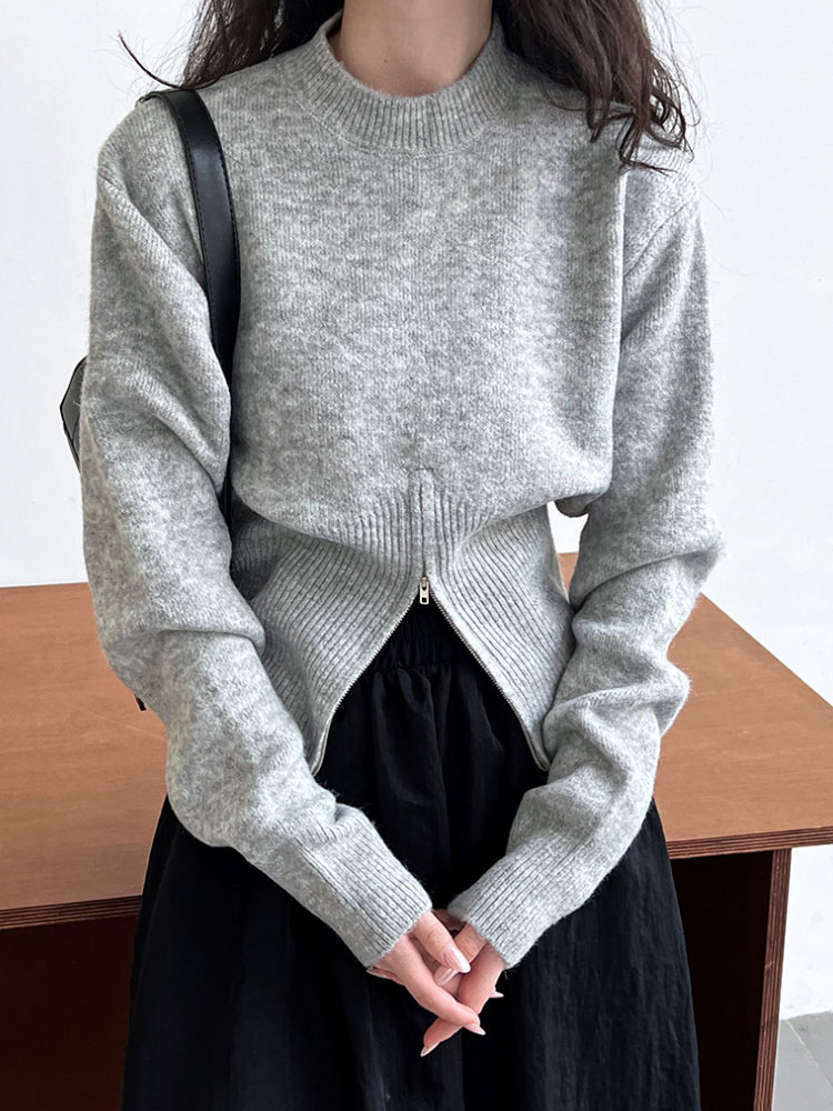 ハイネック ジッパー ニット トップス セーター 裾ジップ カジュアル 秋 ファスナー 長袖 可愛い 冬 レディース 無地 新作 2023秋冬 プチハイネック 